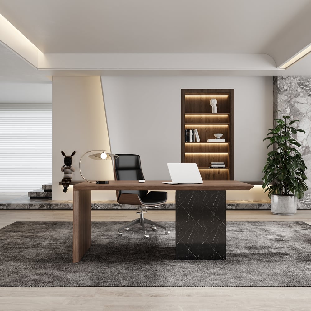 Modern Black & Walnut Home Office Desk with Movable File Cabinet (59.8")