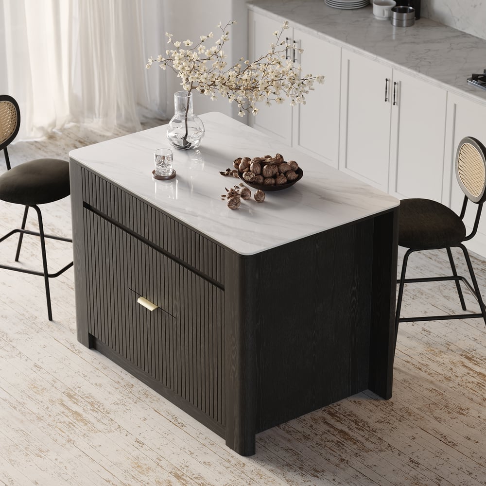 Avis Clients sur Îlot de cuisine en bois massif avec dessus en pierre frittée de 1290 mm avec rangement en noir