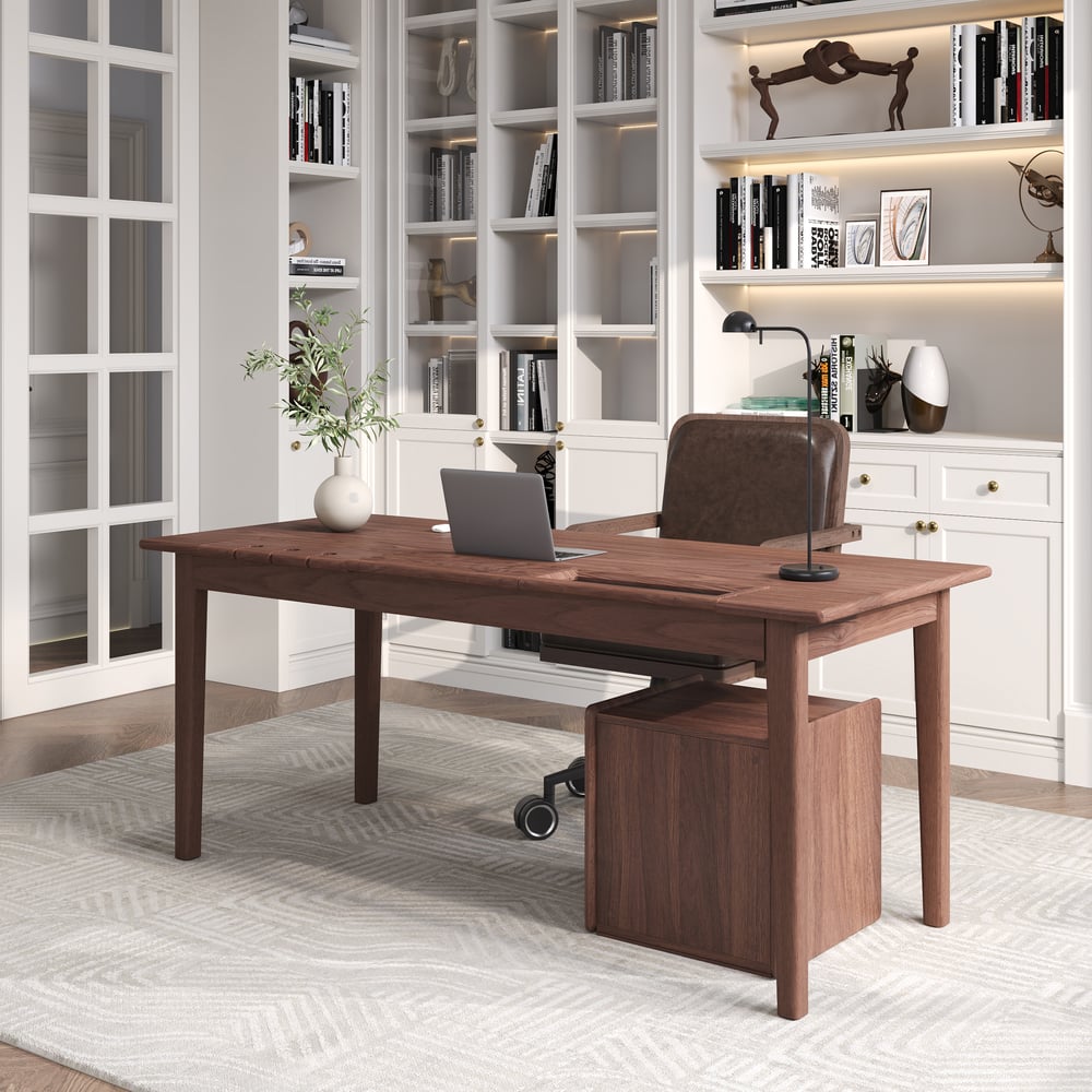 Preguntas y Respuestas para Escritorio de oficina en casa de madera de nogal y fresno estilo chino con 6 cajones (62.9 pulgadas)