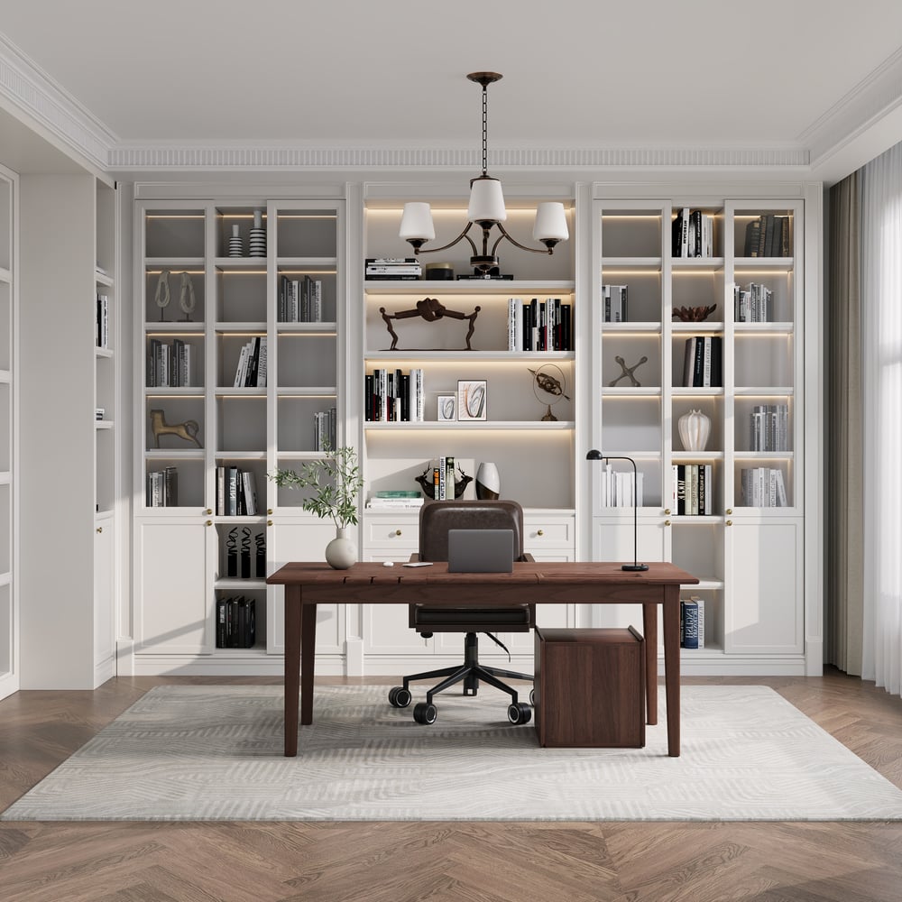 Preguntas y Respuestas para Escritorio de oficina en casa de madera de nogal y fresno estilo chino con 6 cajones (62.9 pulgadas)