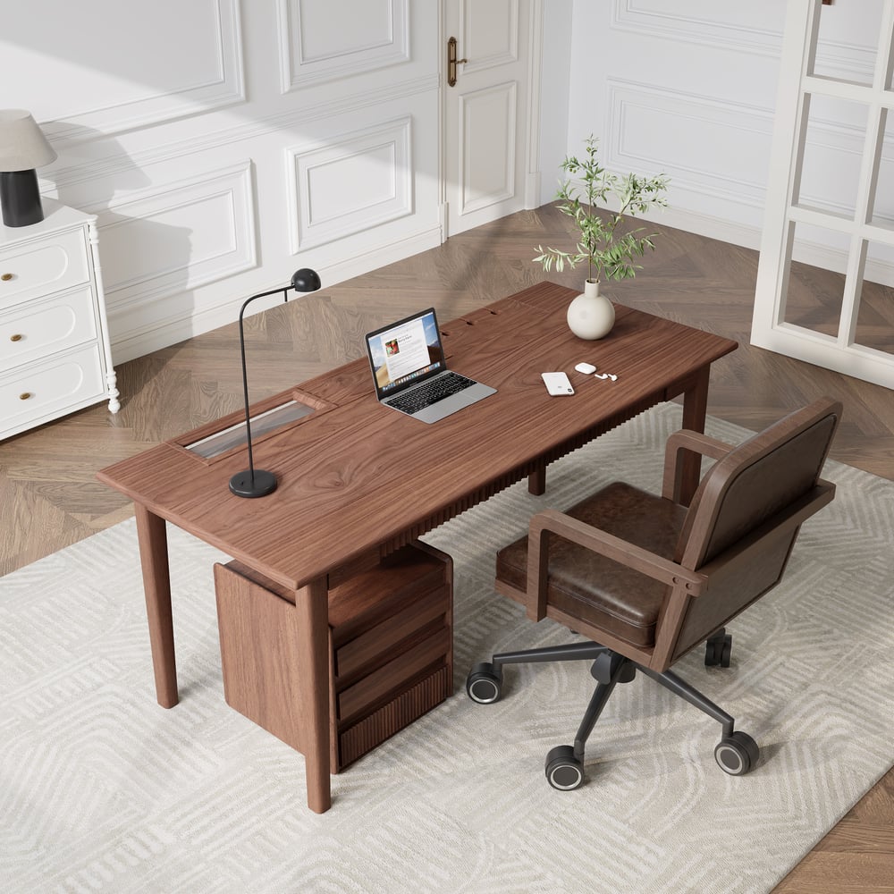 Preguntas y Respuestas para Escritorio de oficina en casa de madera de nogal y fresno estilo chino con 6 cajones (62.9 pulgadas)