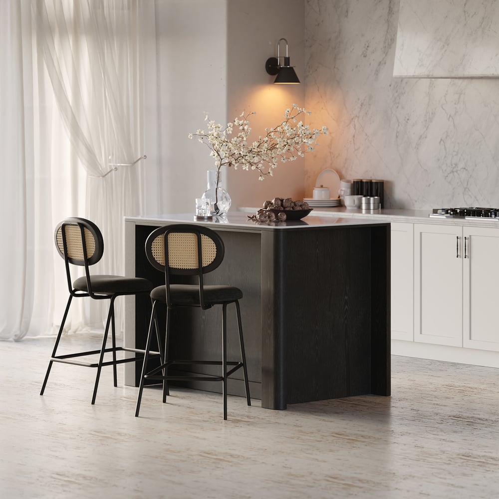 Avis Clients sur Îlot de cuisine en bois massif avec dessus en pierre frittée de 1290 mm avec rangement en noir