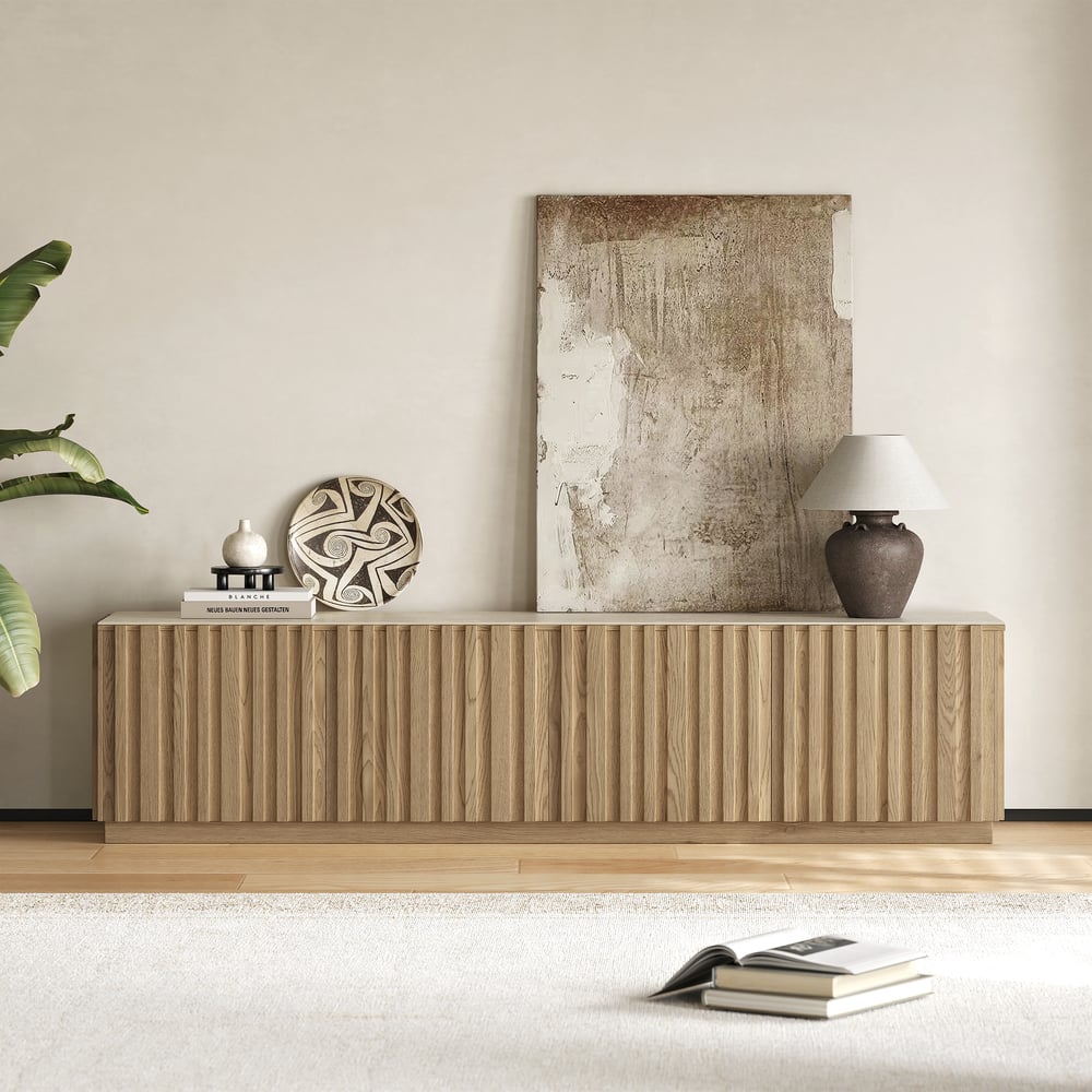 Klantrecensies voor TV-dressoir Aura 213 cm van geribbeld essenhout in naturel met gesinterde steenplaat