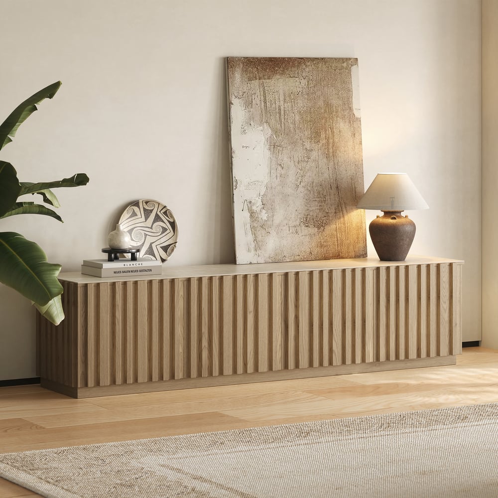 Klantrecensies voor TV-dressoir Aura 213 cm van geribbeld essenhout in naturel met gesinterde steenplaat