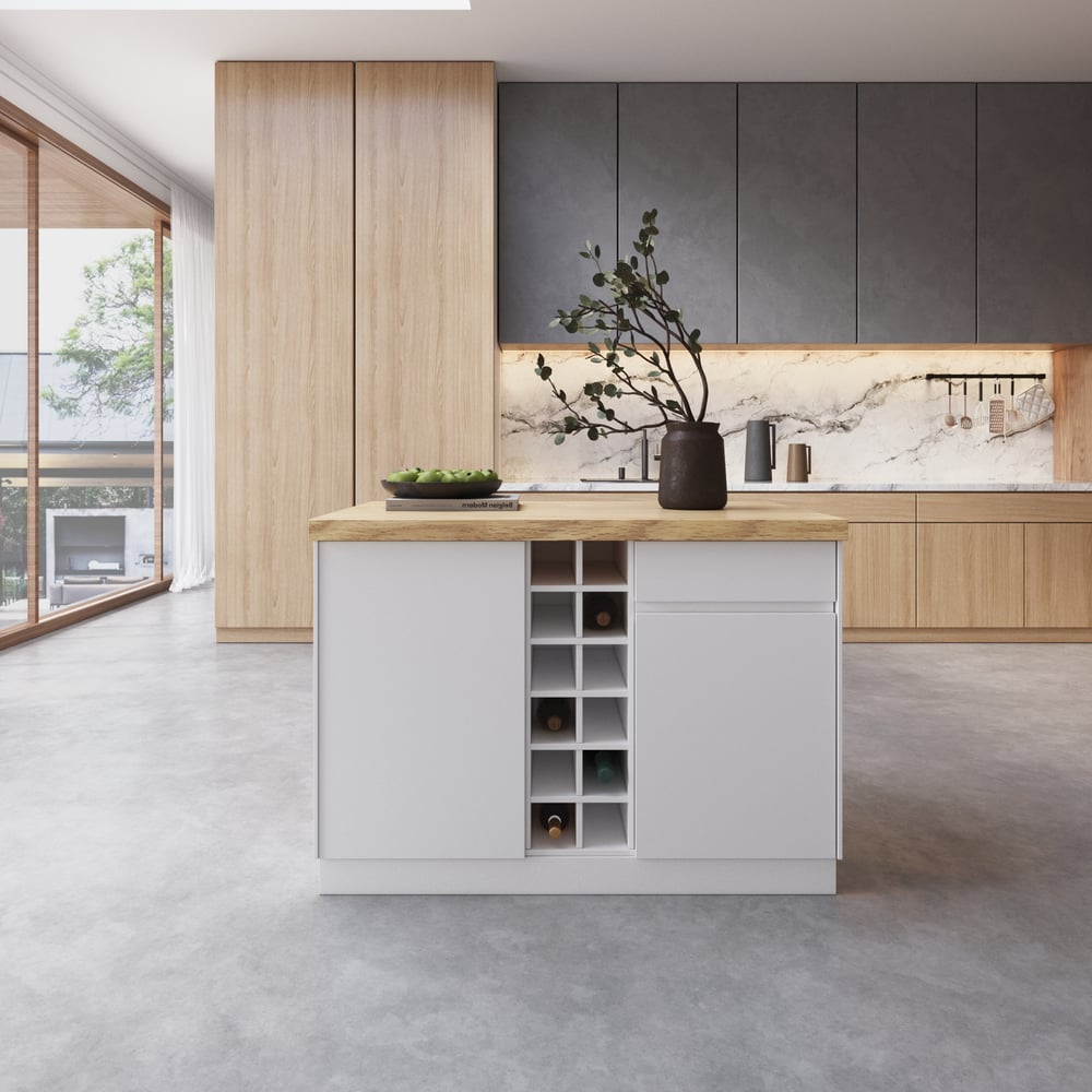 Otázky a odpovědi pro 1270mm Japandi Kitchen lsland Přírodní a bílá dřevěná úložná kuchyňská skříňka se světlem