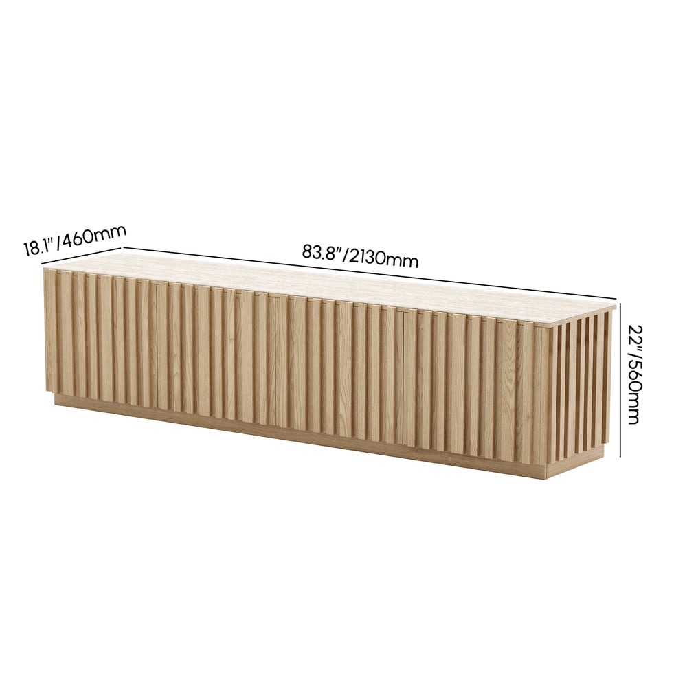 Aura 83" Ash Wood Fluted Natural TV Stand with Sintered Stone Top weights dimensions image