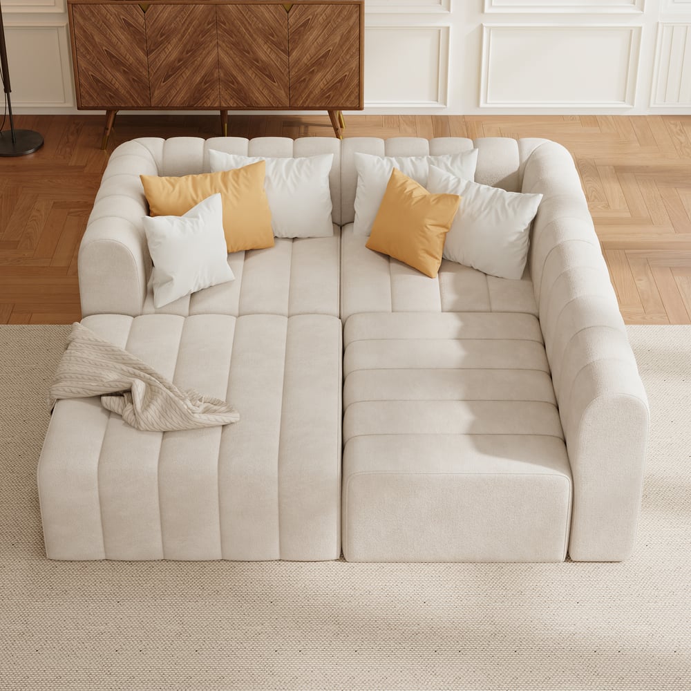 Avis Clients sur Ensemble de canapé sectionnel modulaire en velours blanc cassé, 3020 mm, convertible, rembourré, 4 pièces