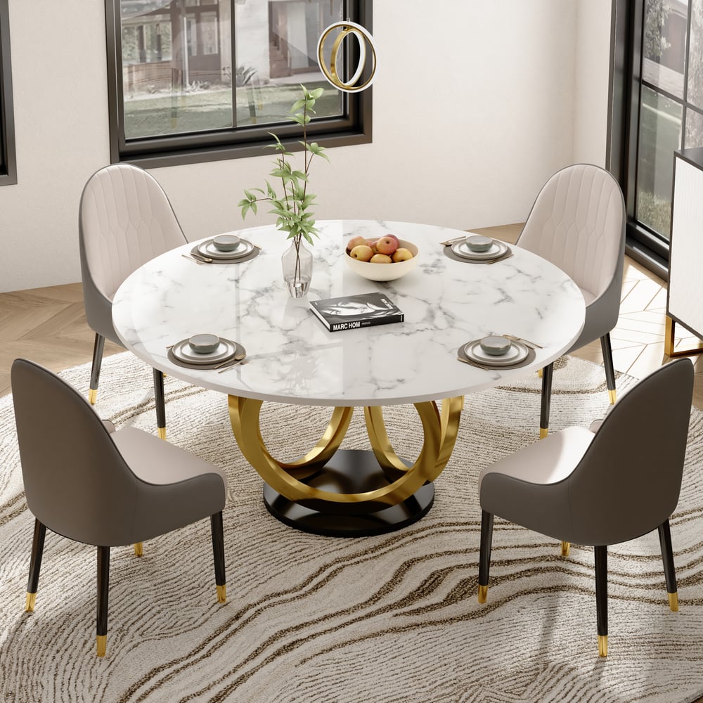 Questions et Réponses pour Table à manger ronde avec dessus en pierre frittée, socle doré et noir pour 6 personnes, blanc moderne