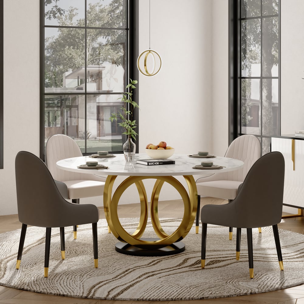 Questions et Réponses pour Table à manger ronde avec dessus en pierre frittée, socle doré et noir pour 6 personnes, blanc moderne