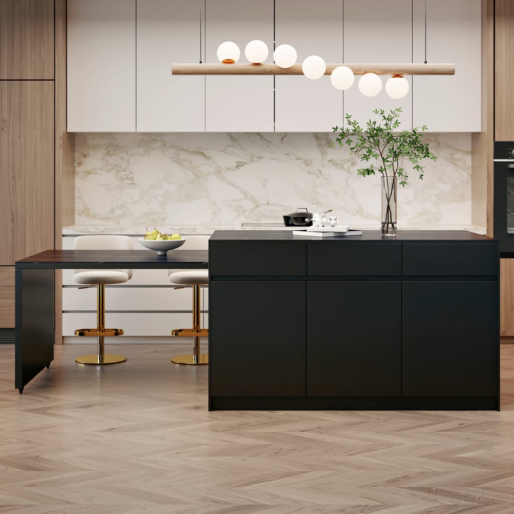 Recensioni dei clienti per Isola da cucina nera estensibile da 2050 mm-2680 mm con ante e cassetti, piano in marmo