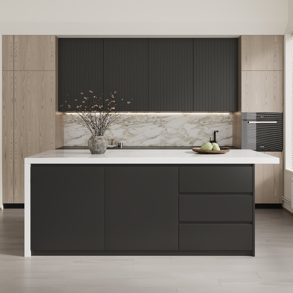 Domande e risposte per Piano impiallacciato in marmo Kitchen Islands da 1830 mm nero moderno con armadio da cucina