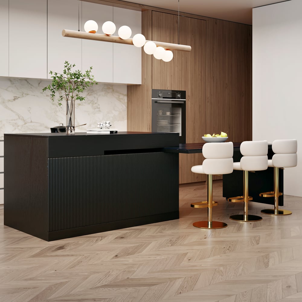 Recensioni dei clienti per Isola da cucina nera estensibile da 2050 mm-2680 mm con ante e cassetti, piano in marmo