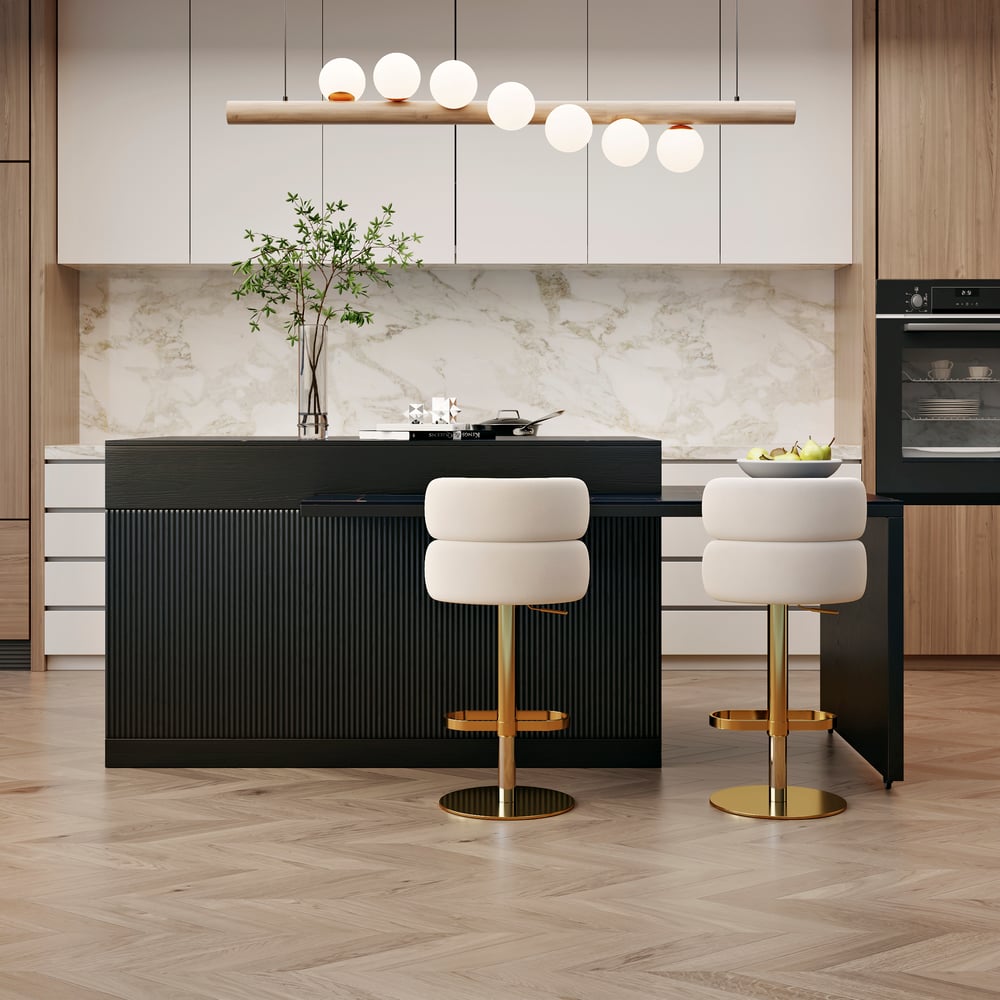 Recensioni dei clienti per Isola da cucina nera estensibile da 2050 mm-2680 mm con ante e cassetti, piano in marmo