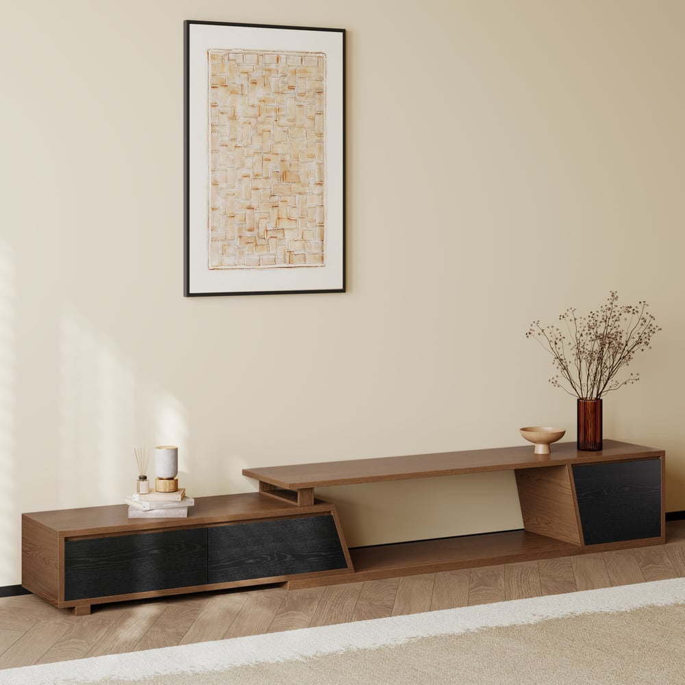 Avis Clients sur Meuble TV extensible noir et noyer Fero avec 3 tiroirs (1800 mm à 3048 mm)