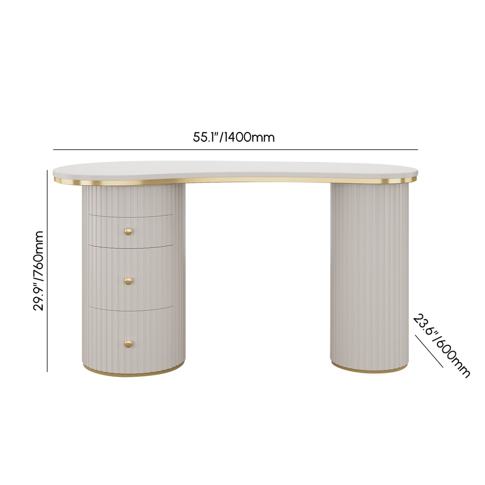 55.1" Modern Curved Wooden Office Desk with 3 Drawers, Warm White weights dimensions image