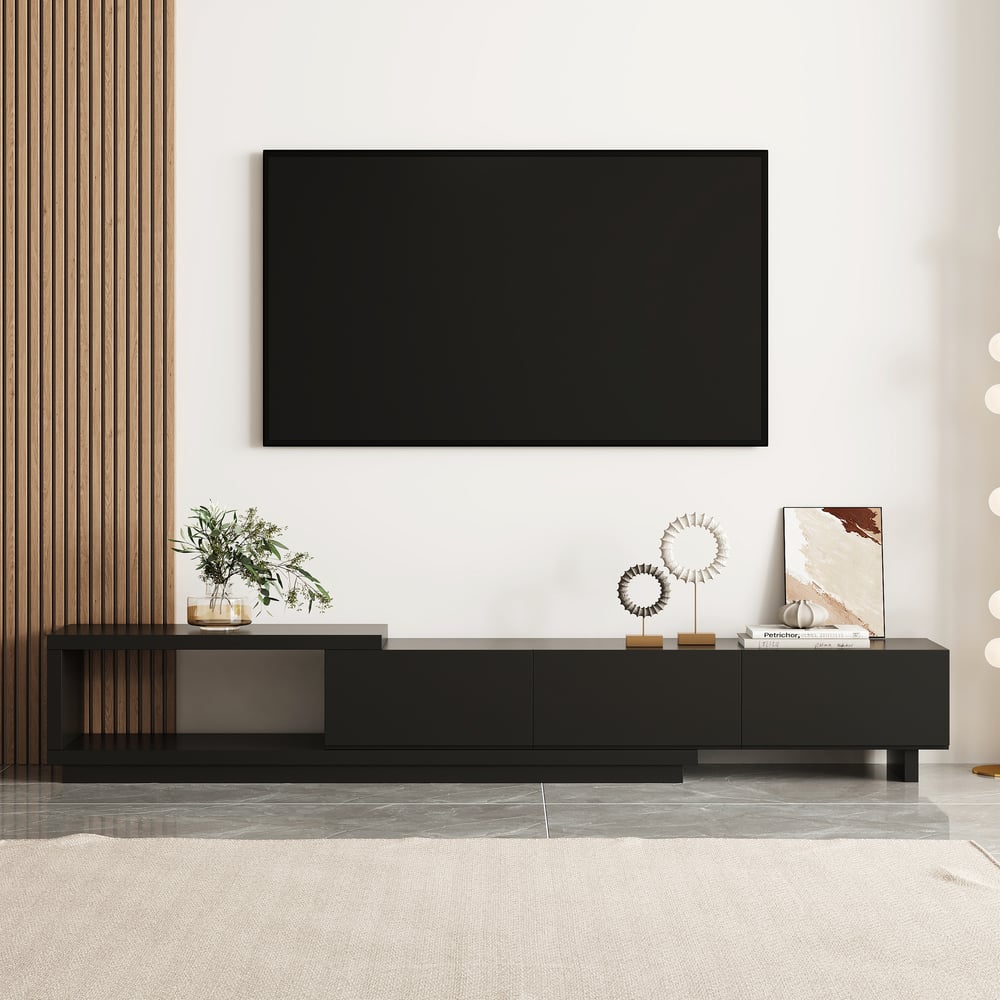 Vragen en antwoorden voor Quoint Uitschuifbare TV-standaard met 3 laden en licht (179 - 255 cm)