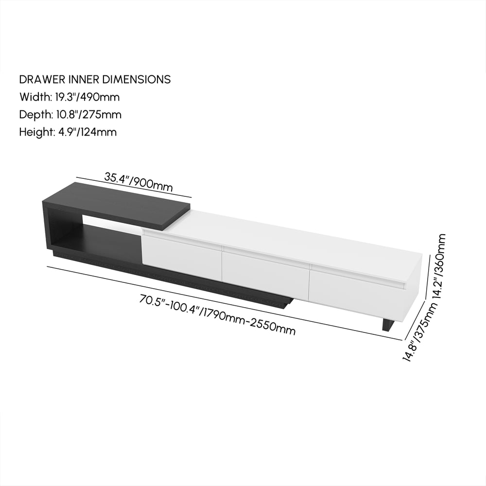 Quoint Extendable TV Stand with 3 Drawers and Light(71"-100") weights dimensions image