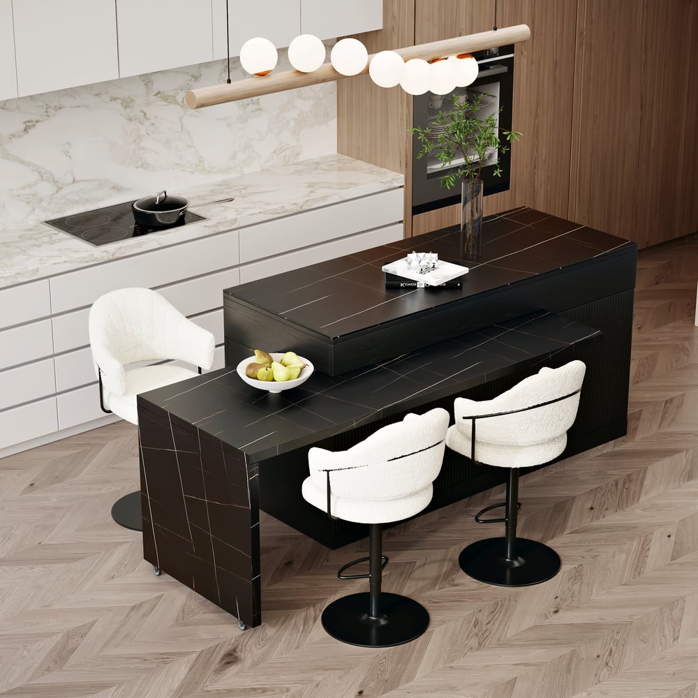 Questions and Answers for Modern 81"–106" Extendable Marble Pattern Kitchen Island with Doors & Drawers, Black