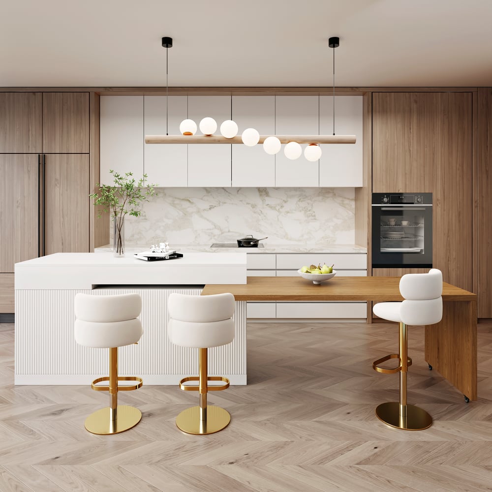 Questions et Réponses pour Îlots de cuisine extensibles, 2050mm-2680mm, dessus en marbre, portes et tiroirs modernes blancs