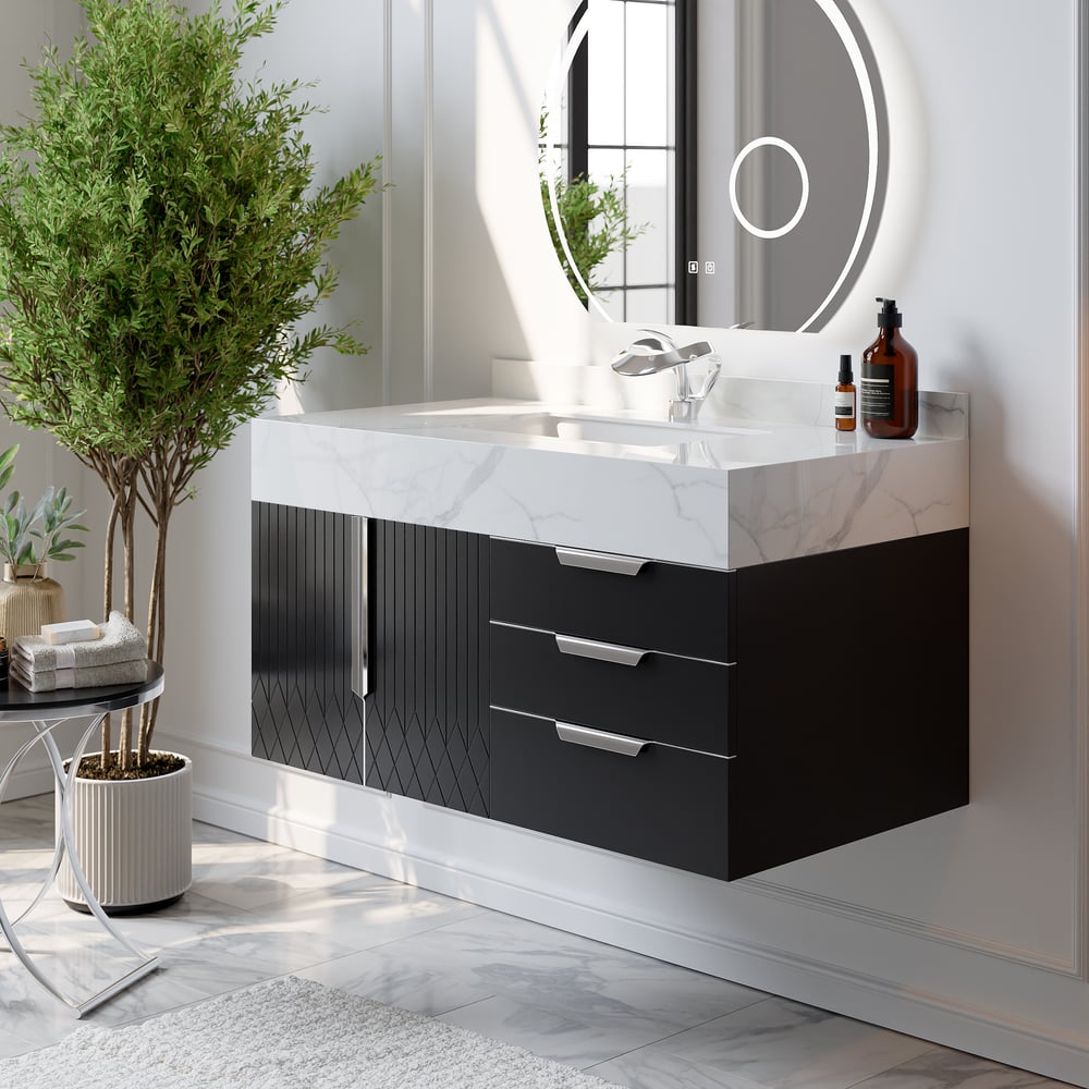 Otázky a odpovědi pro Aro 900 mm černé nástěnné koupelnové toaletní zásuvky z umělého mramoru