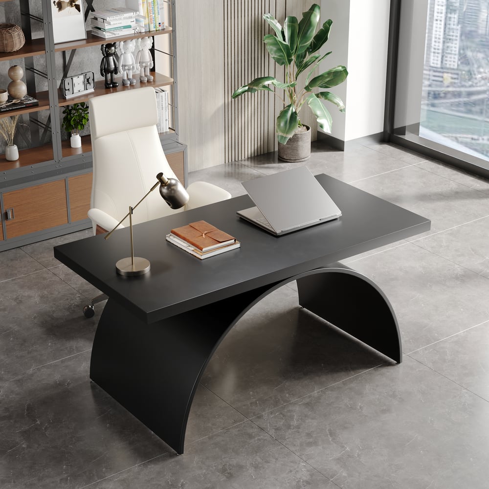 Domande e risposte per Scrivania da ufficio rettangolare in legno nero industriale con base in metallo (1600 mm)