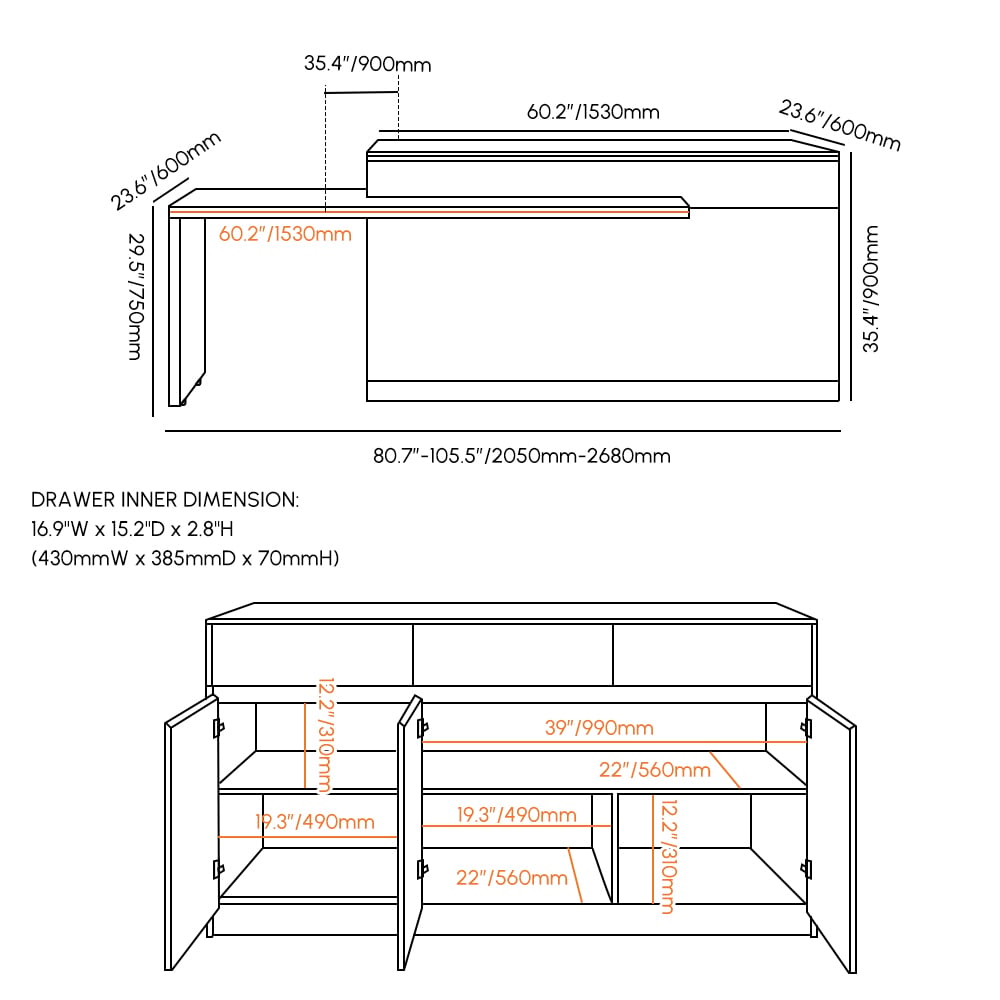 Questions and Answers for 2050mm-2680mm Extendable Walnut Kitchen lsland with Doors&Drawers Marble Pattern Top