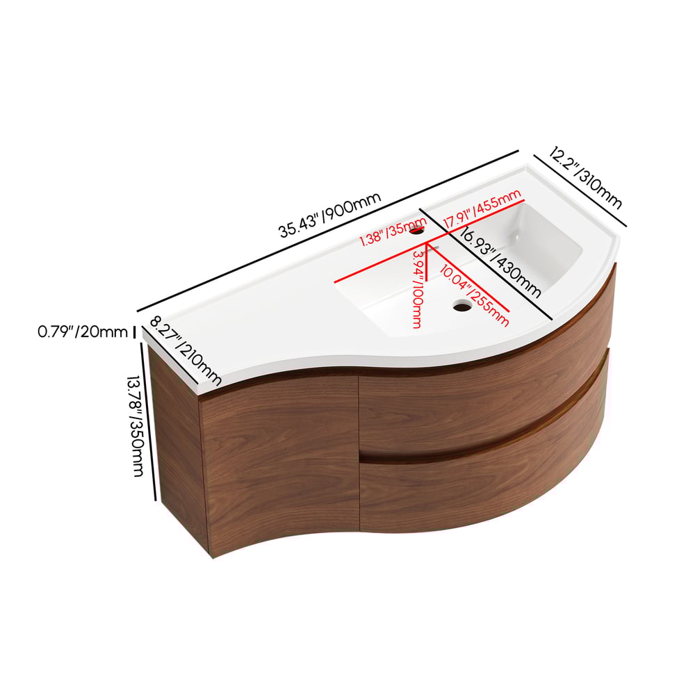 35" Floating Curved Bathroom Vanity Walnut Right Offset Single Sink Bathroom Cabinet weights dimensions image