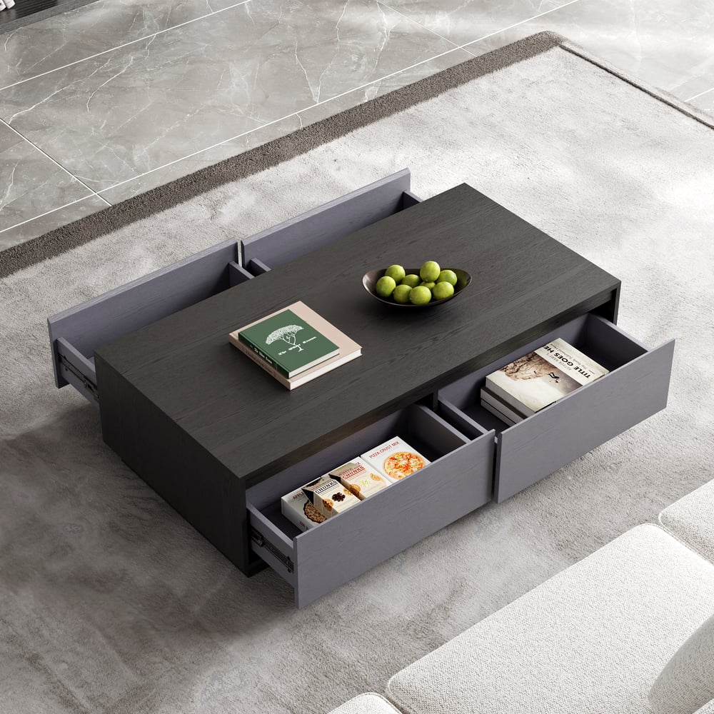 Questions and Answers for Mid Century 120 cm Black Rectangular Coffee Table with 4 Drawers