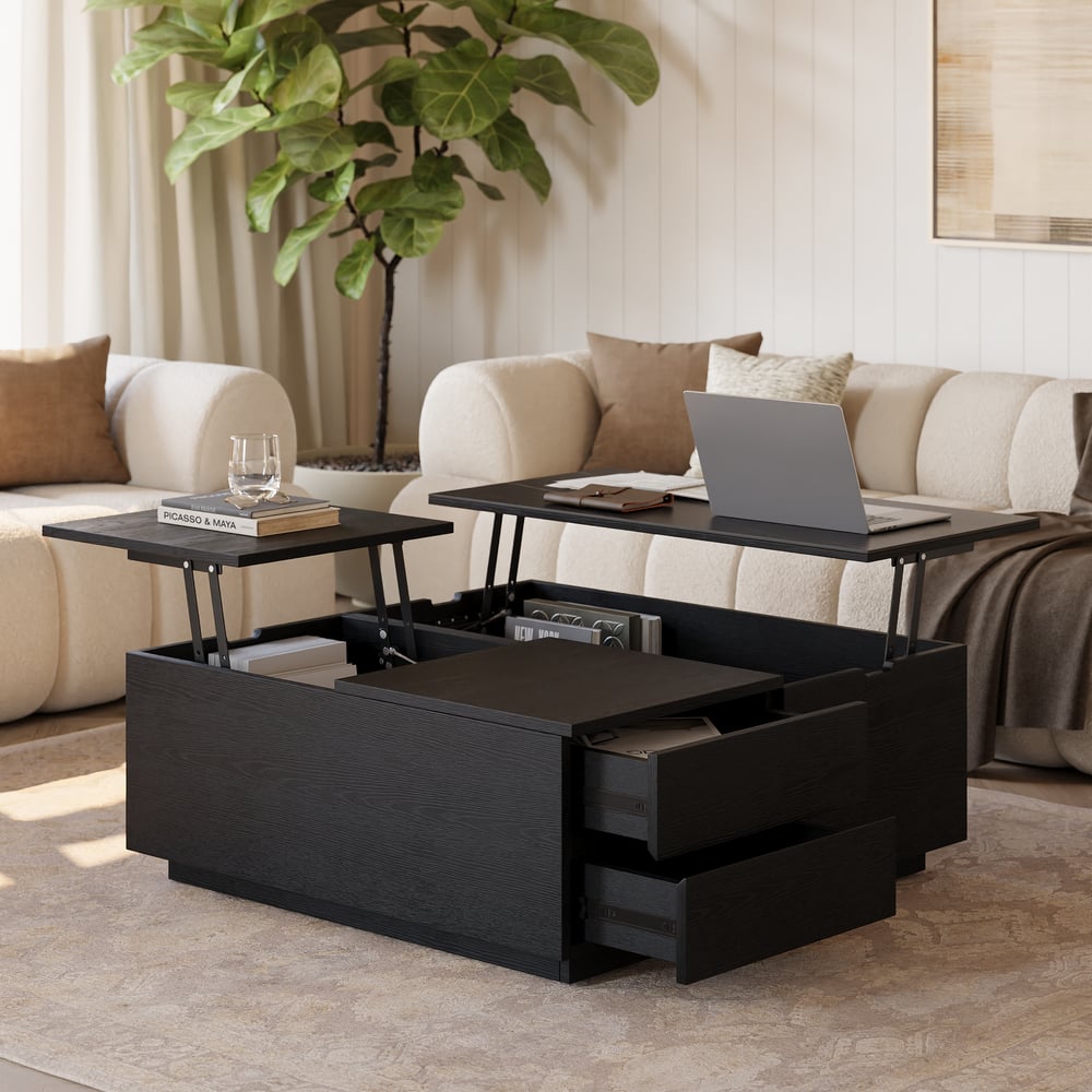 Avis Clients sur Table basse carrée relevable en pierre frittée en placage de travertin de 39 po avec rangement