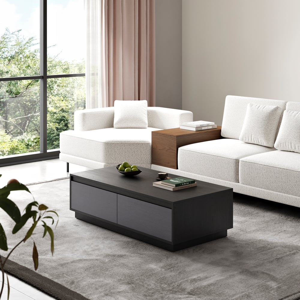 Questions and Answers for Mid Century 120 cm Black Rectangular Coffee Table with 4 Drawers