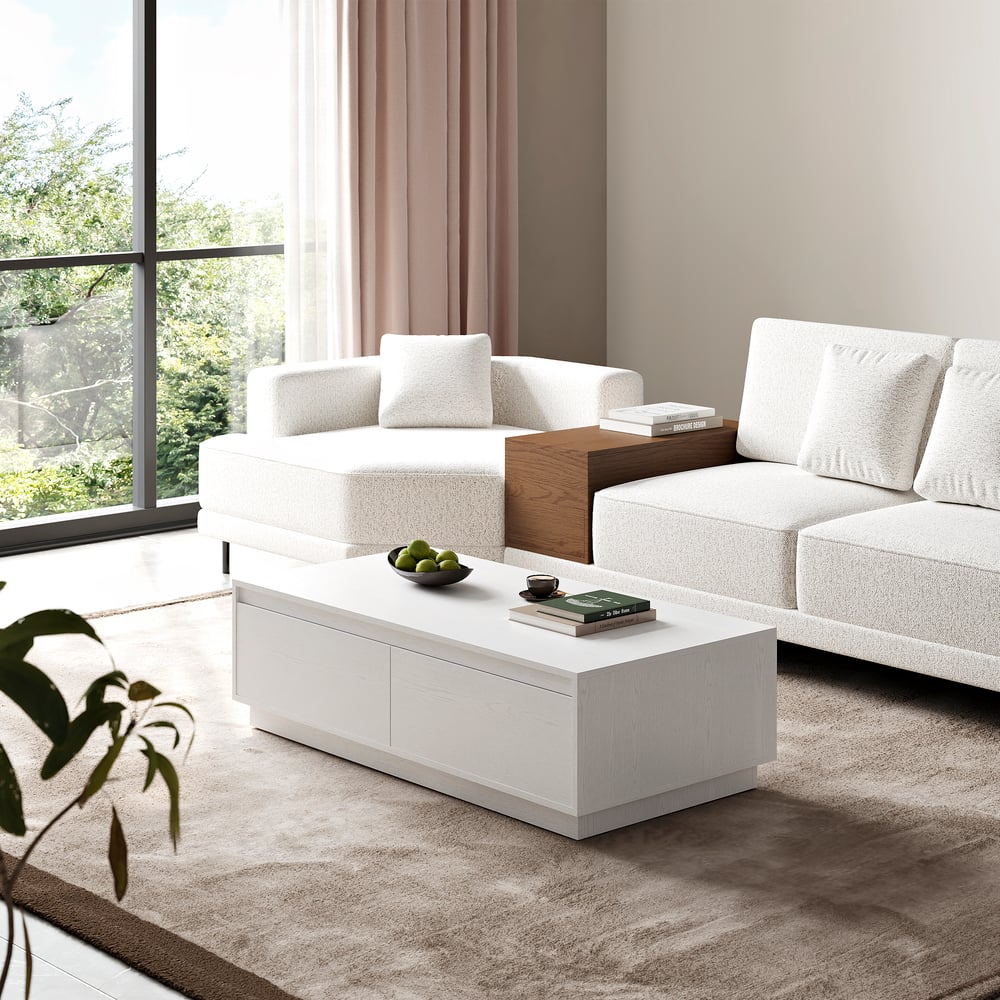 Questions et Réponses pour Table basse rectangulaire Fero mid century 120 cm blanche avec 4 tiroirs