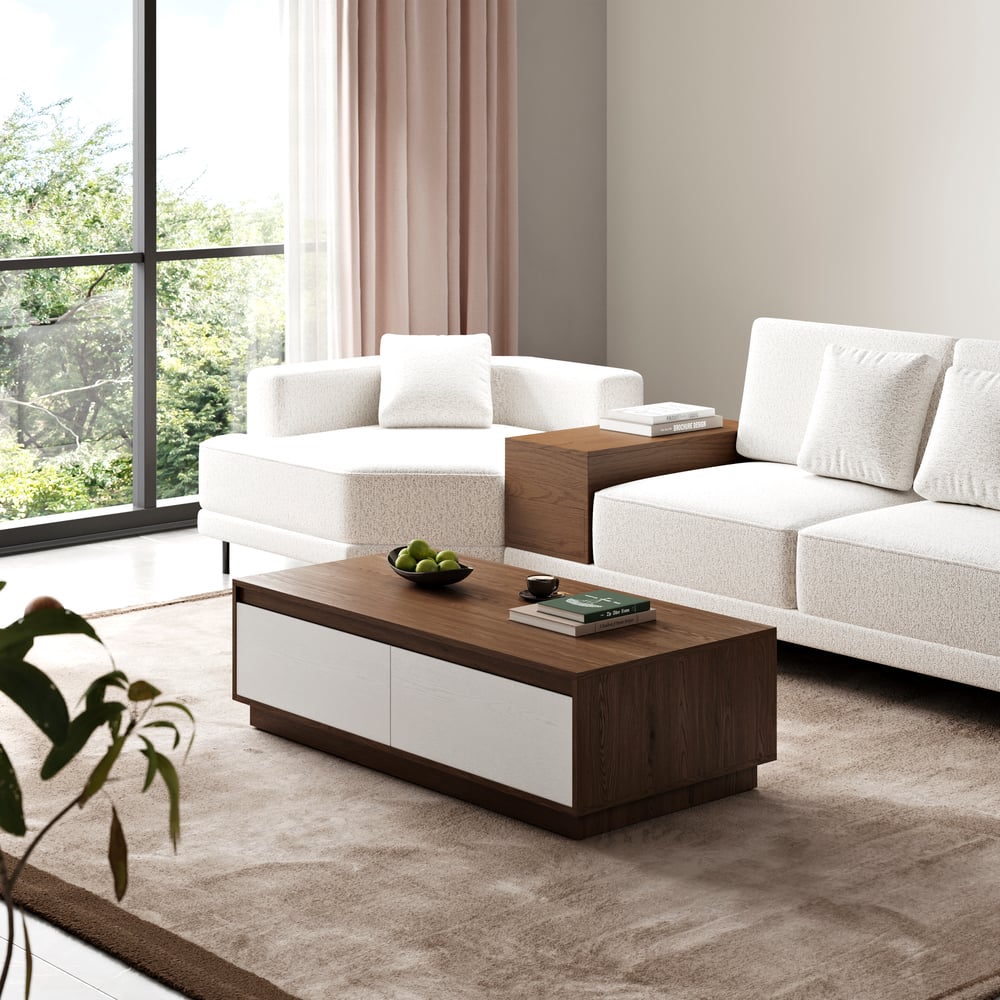 Otázky a odpovědi pro Obdélníkový konferenční stolek Fero 120 cm z dřeva se 4 zásuvkami v Mid-Century stylu - bílý a ořech