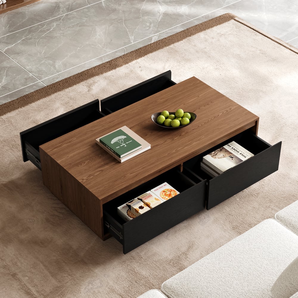 Questions et Réponses pour Table basse rectangulaire Fero mid century 120 cm noire et noyer avec 4 tiroirs