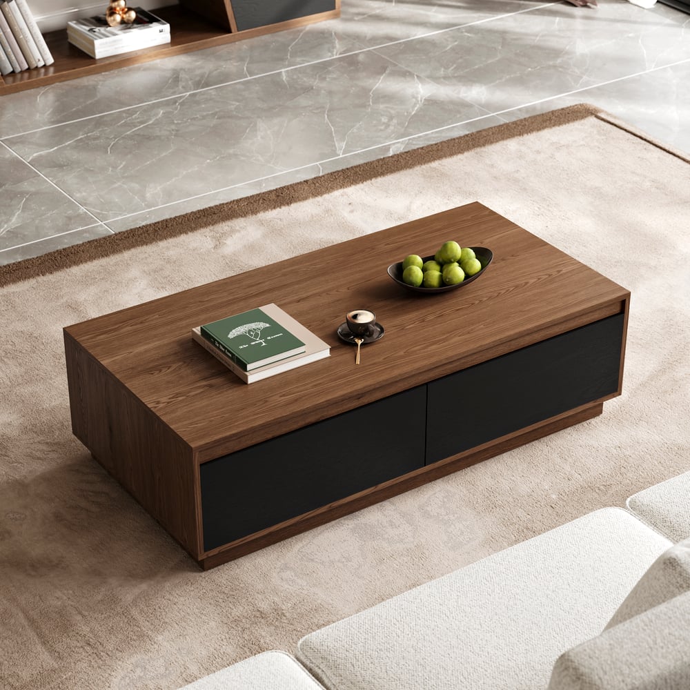 Questions et Réponses pour Table basse rectangulaire Fero mid century 120 cm noire et noyer avec 4 tiroirs