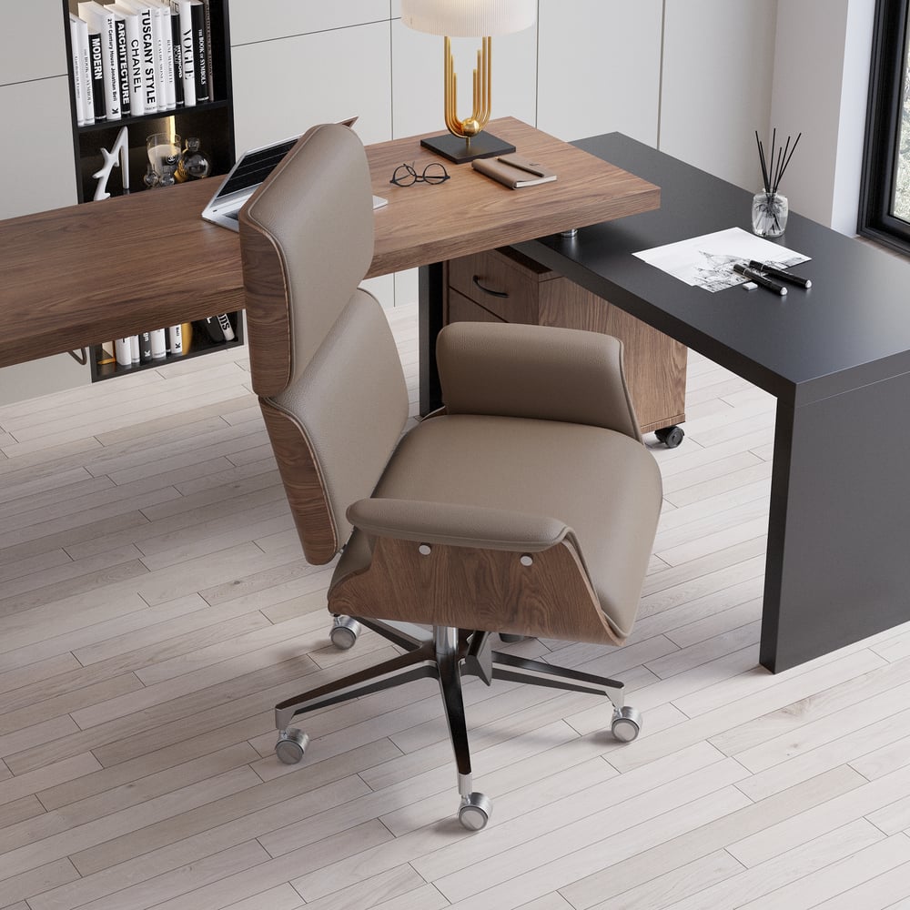 Questions and Answers for Modern Khaki Home Office Chair Swivel Upholstered Wooden Desk Chair Adjustable Height