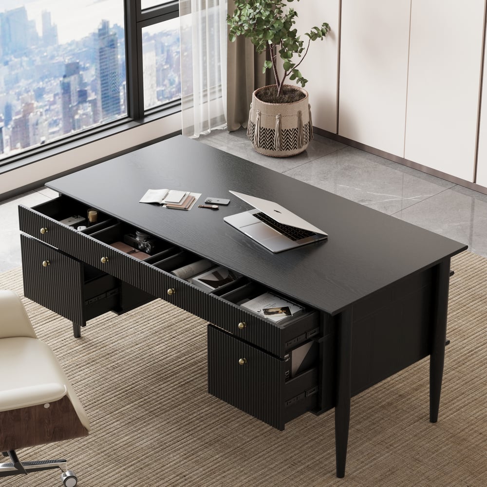 Customer Reviews for 64" Mid-century Style Black Wood Home Office Desk with 6 Drawers