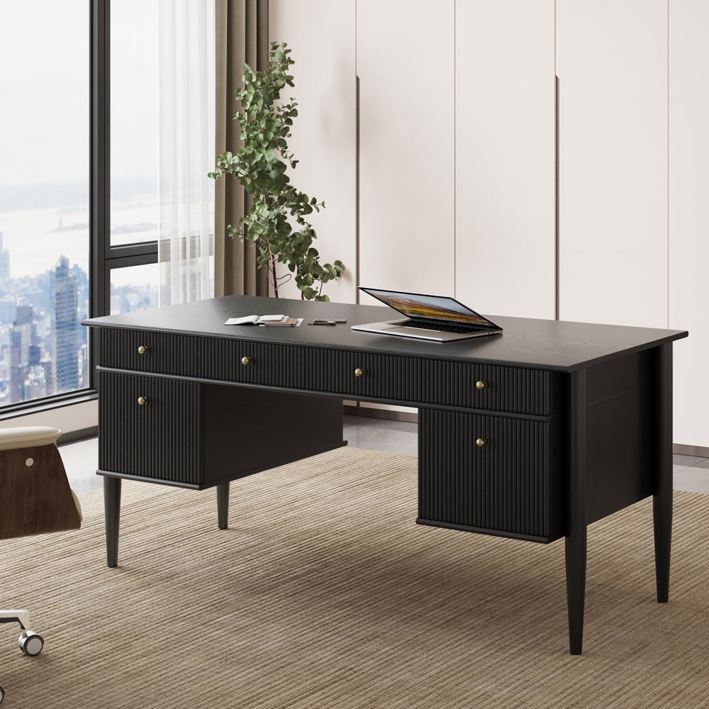 Customer Reviews for 64" Mid-century Style Black Wood Home Office Desk with 6 Drawers