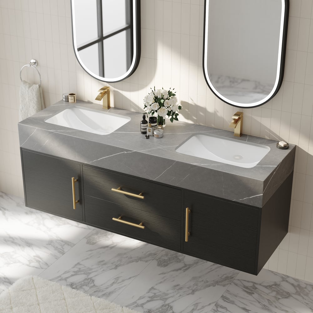 Otázky a odpovědi pro 1500 mm černé koupelnové umyvadlo s dvojitým umyvadlem s rukojetí z kartáčovaného zlata, plovoucí design