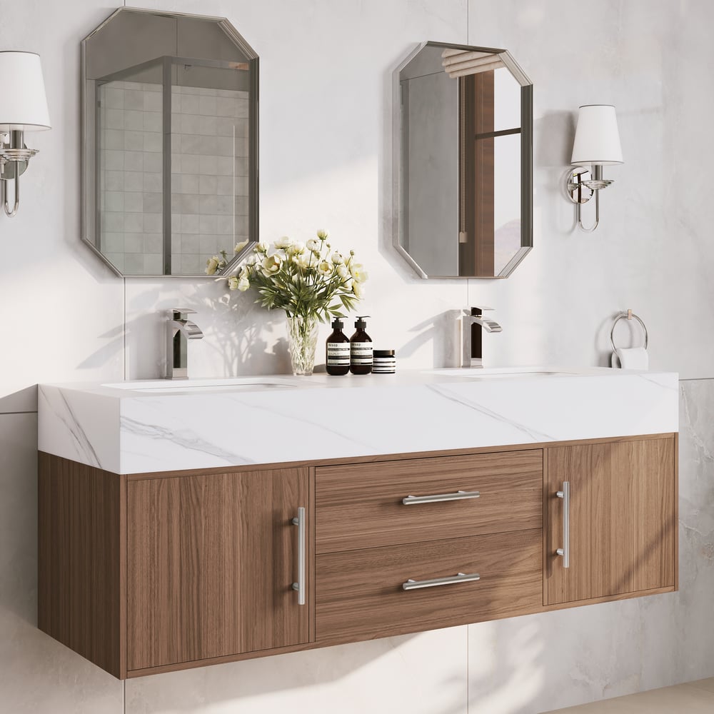 Avis Clients sur Vanité de salle de bain à double vasque de 1500 mm avec poignées argentées — Vanité flottante moderne en noyer