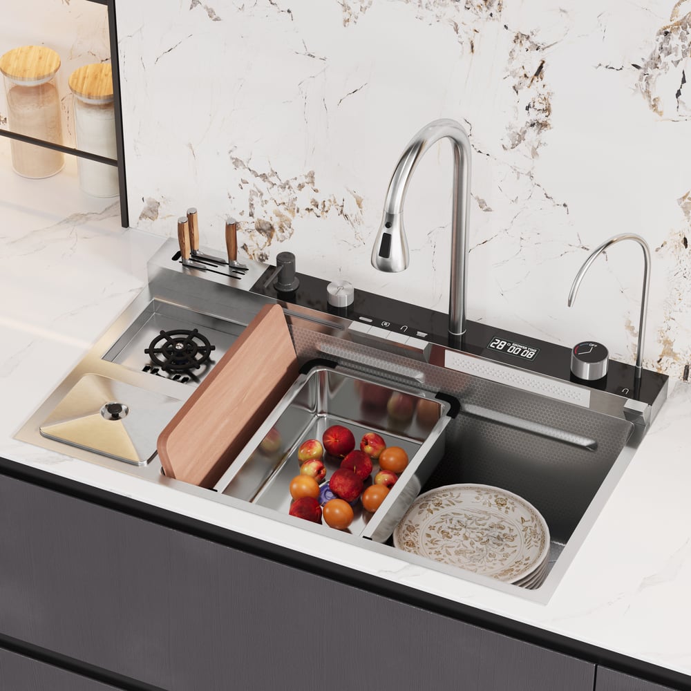 Questions and Answers for Multi-Function Stainless Steel Kitchen Sink 820mm × 480mm with Pull-Out Faucet