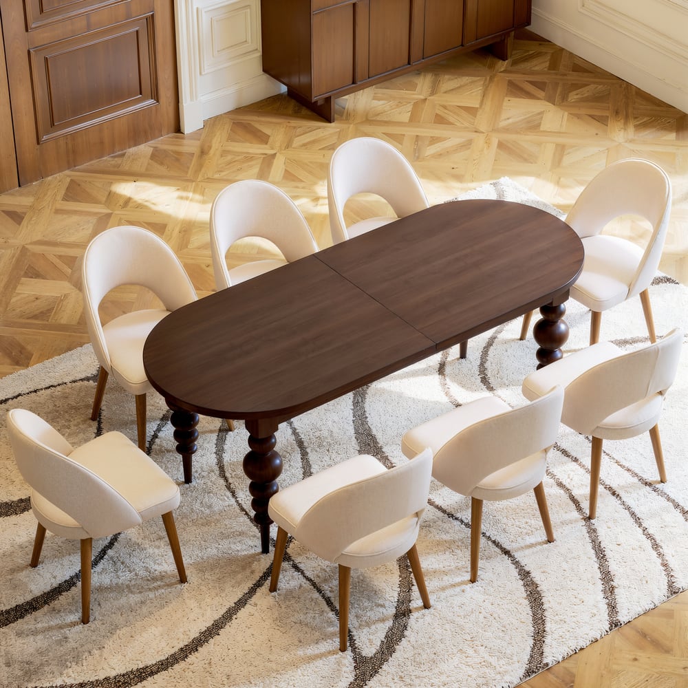 Questions et Réponses pour Table à manger ovale extensible du milieu du siècle 2000 mm à 2400 mm en noyer pouvant accueillir 6 à 10 personnes