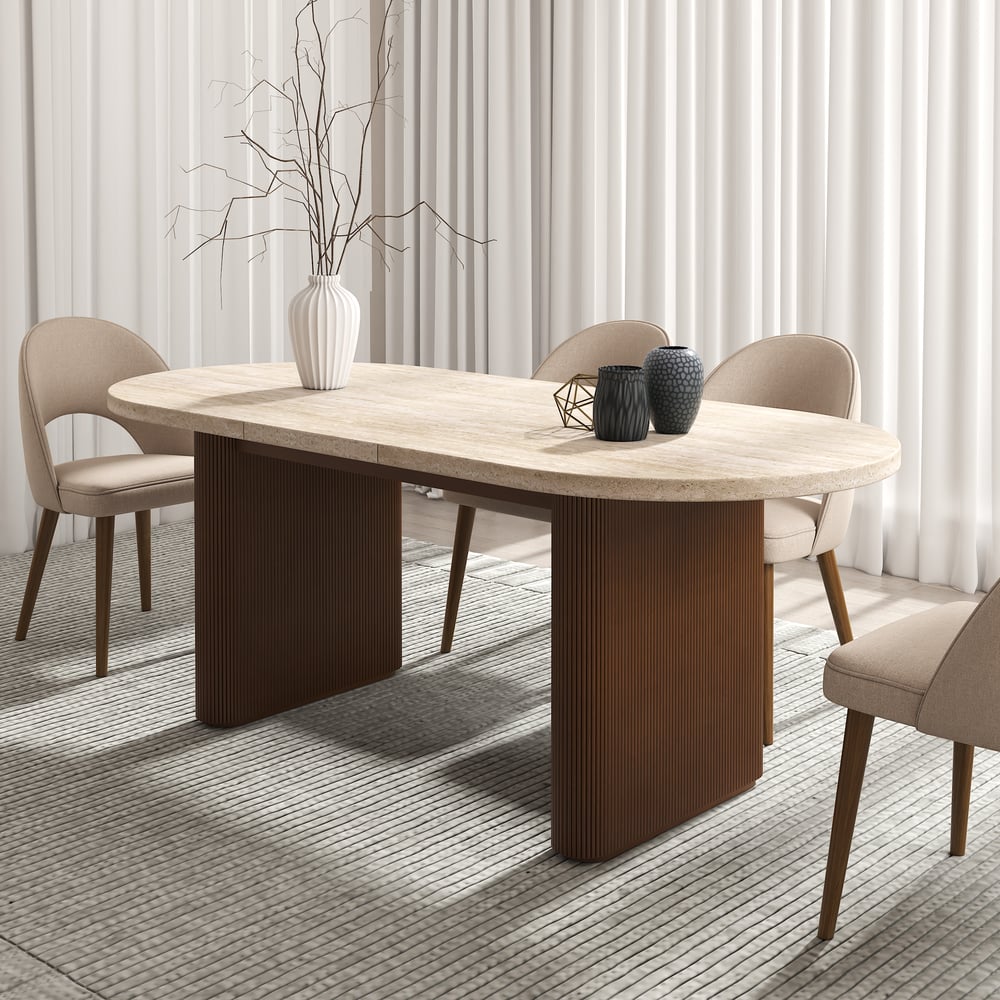 Questions et Réponses pour Table à manger ovale extensible Fluve pour 6 à 8 personnes, aspect travertin, 200 à 240 cm