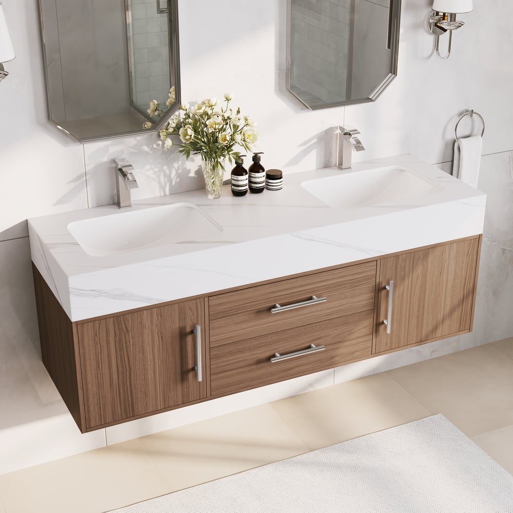 Avis Clients sur Vanité de salle de bain à double vasque de 1500 mm avec poignées argentées — Vanité flottante moderne en noyer