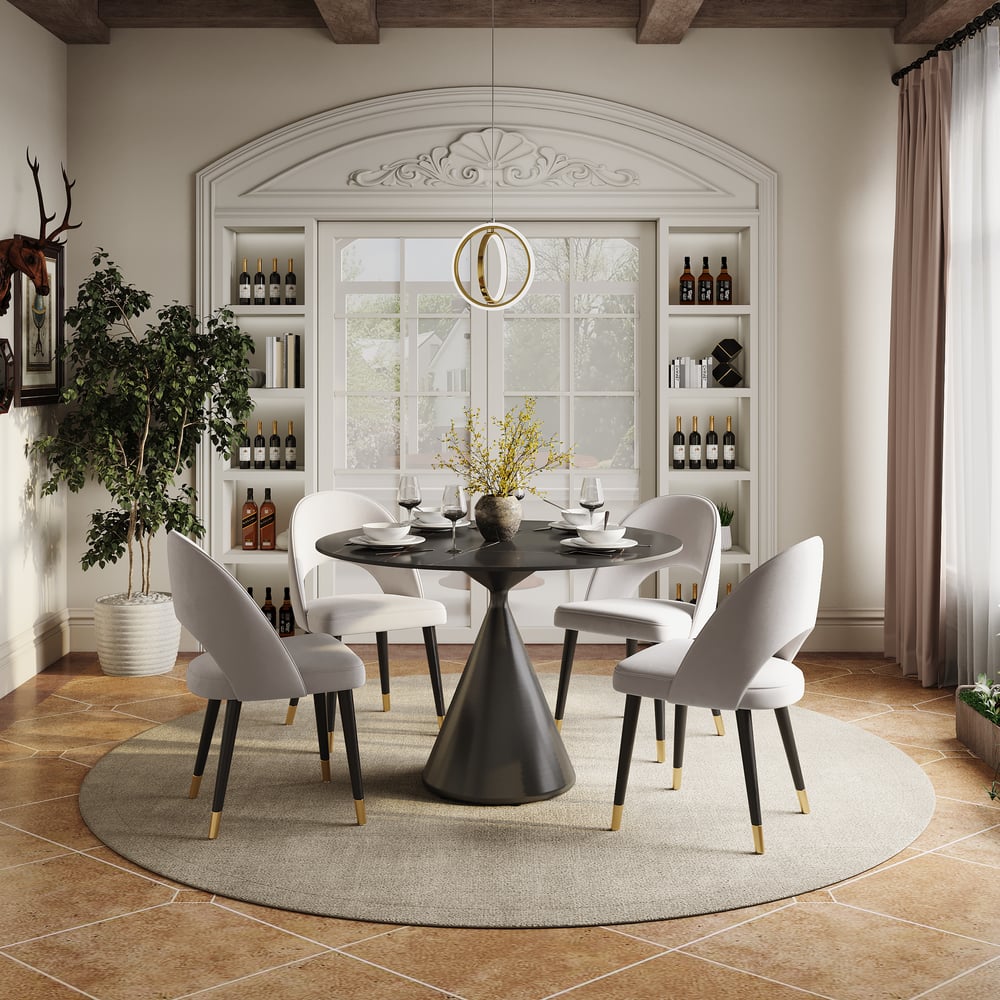 Questions et Réponses pour Table à manger ronde moderne de 99 cm en pierre frittée mate avec pied piédestal noir, 2 places