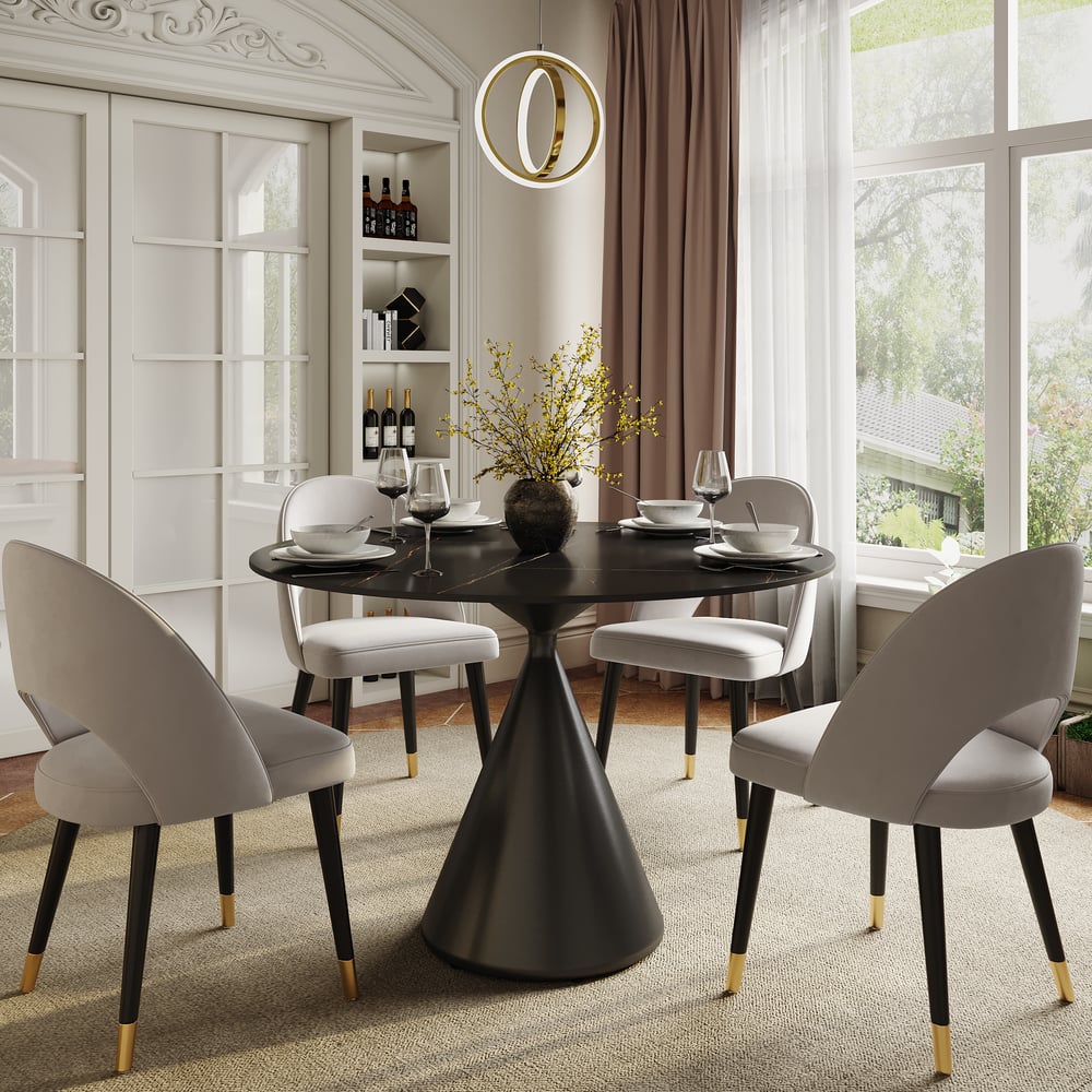 Questions et Réponses pour Table à manger ronde moderne de 99 cm en pierre frittée mate avec pied piédestal noir, 2 places