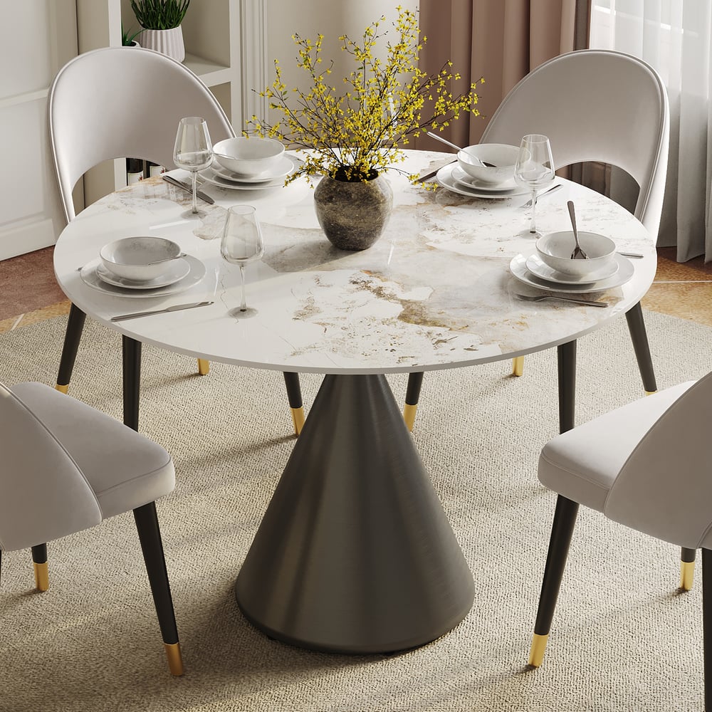 Avaliações de clientes sobre Mesa de jantar redonda moderna de 99 cm em pedra sinterizada brilhante com base pedestal preta, para 2 lugares