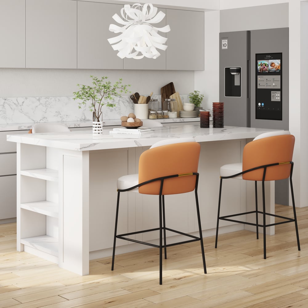 Vragen en antwoorden voor Moderne barstoel Linenic van kunstleer met gestoffeerde zitting in oranje, 1 stuk