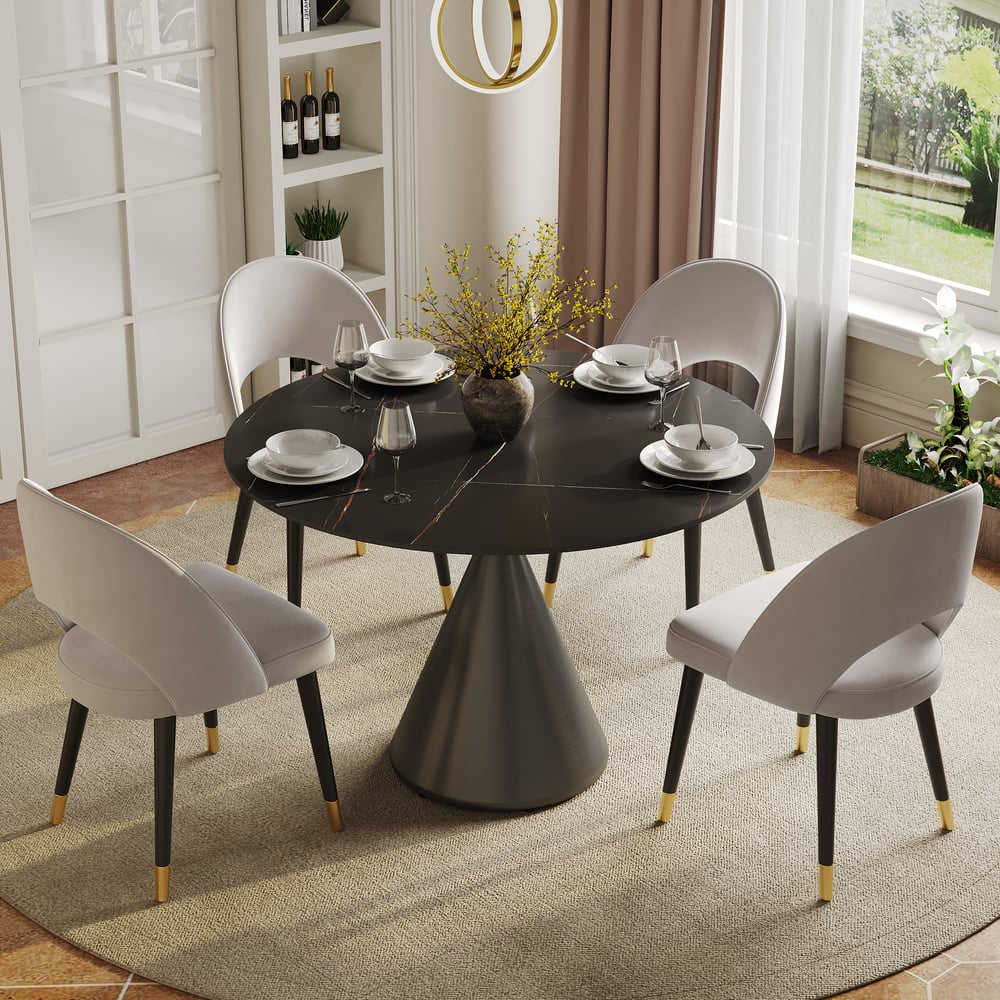 Questions et Réponses pour Table à manger ronde moderne de 99 cm en pierre frittée mate avec pied piédestal noir, 2 places