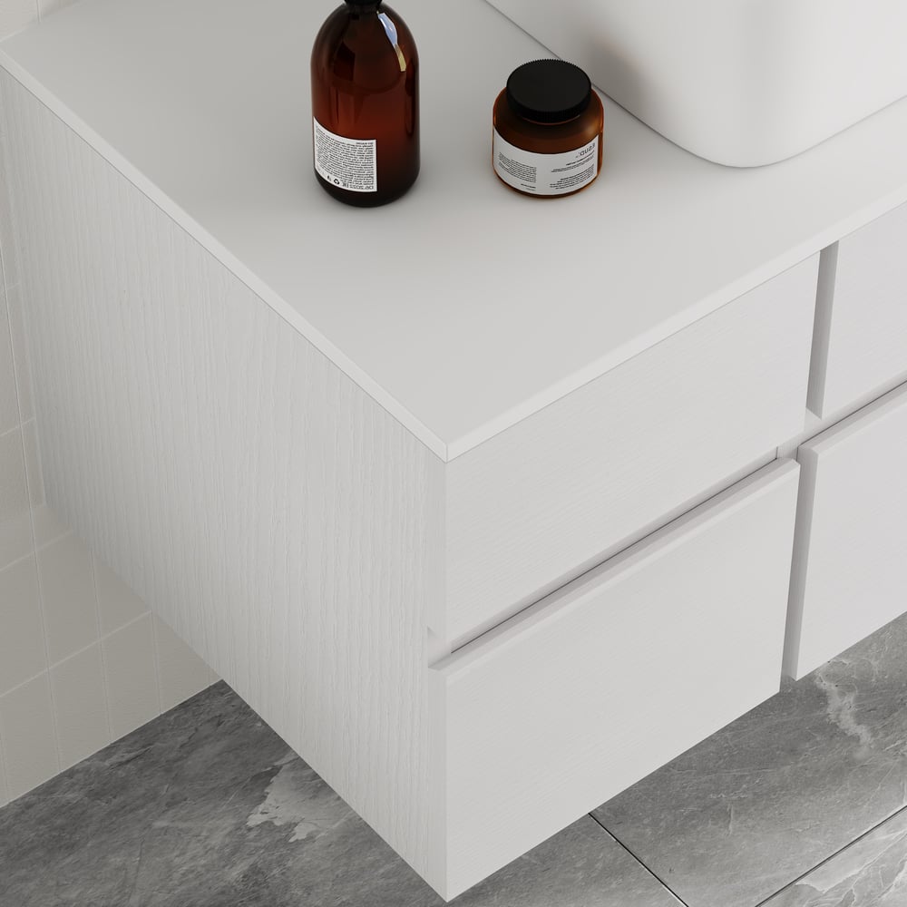 Questions et Réponses pour Vanité de salle de bain flottante blanche de 800 mm, vasque décalée à droite