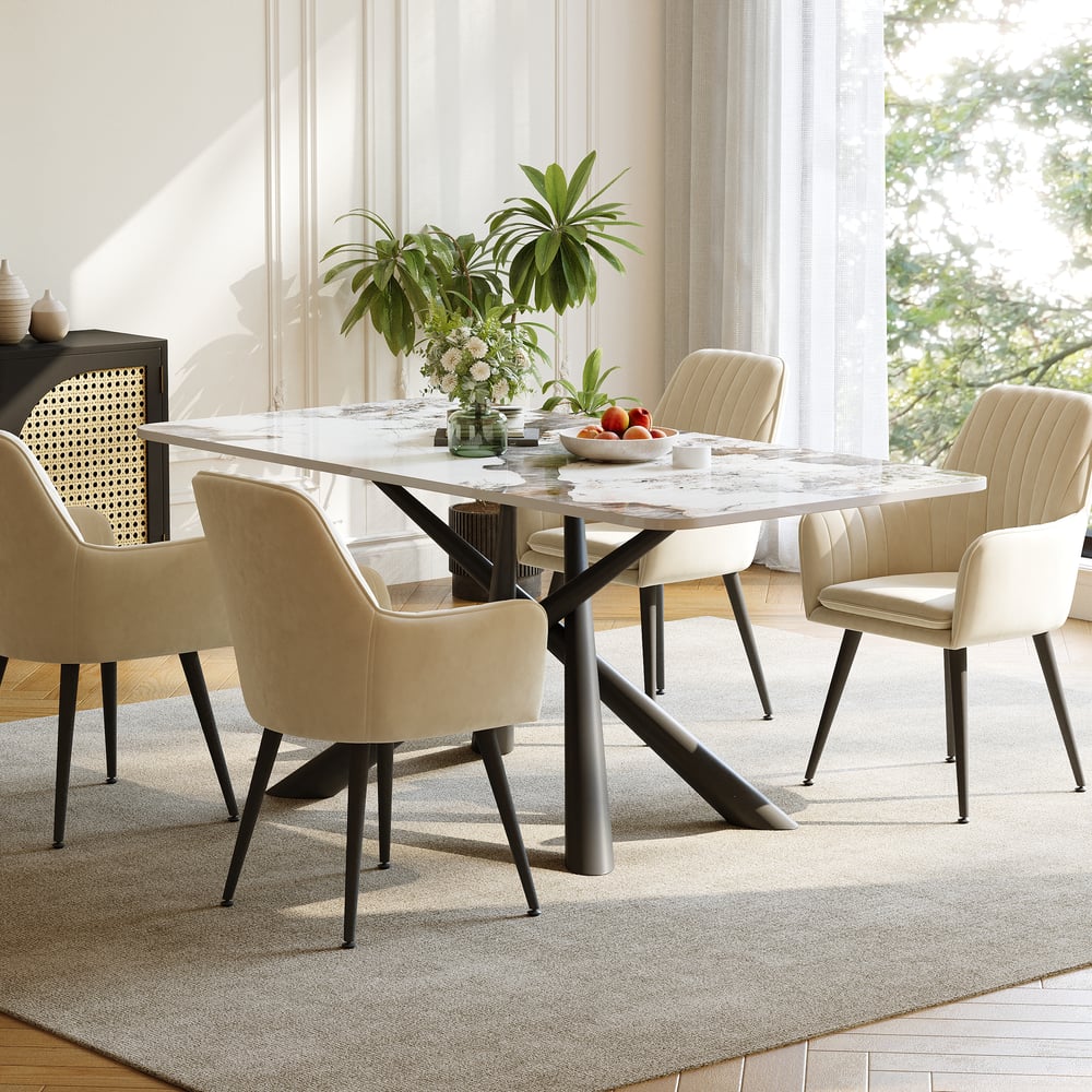 Perguntas e respostas para Mesa de jantar retangular moderna com tampo de pedra de 1800 mm com cavalete de aço inoxidável